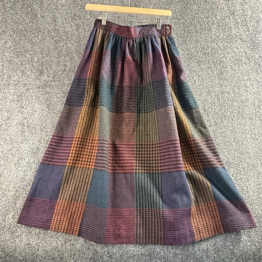 Evan Picone Dark Blue Plaid 100% Wool Skirt Dark Academia Collegiate Warm  14